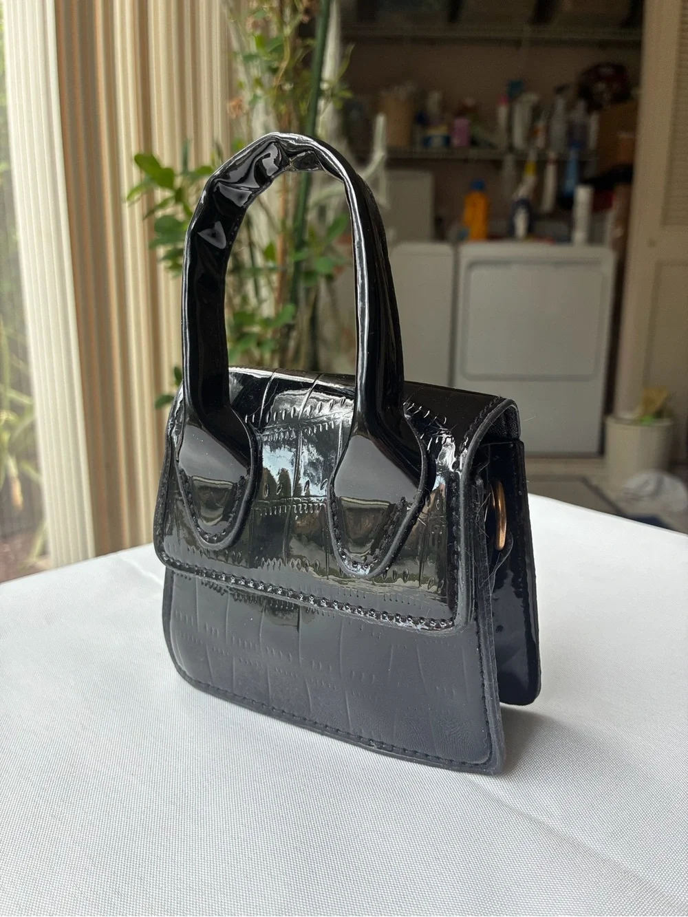 Black Patent Crocodile Embossed Mini Bag | Convertible Top Handle Crossbody - Picture 1 of 13